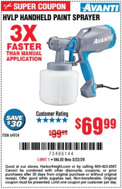 Harbor Freight Coupon AVANTI HANDHELD HVLP PAINT & STAIN SPRAYER Lot No. 64934 Expired: 3/22/20 - $69.99