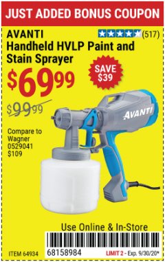 Harbor Freight Coupon AVANTI HANDHELD HVLP PAINT & STAIN SPRAYER Lot No. 64934 Expired: 9/30/20 - $69.99