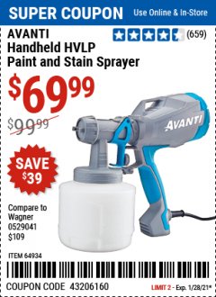 Harbor Freight Coupon AVANTI HANDHELD HVLP PAINT & STAIN SPRAYER Lot No. 64934 Expired: 1/28/21 - $69.99