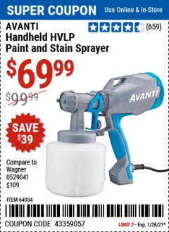 Harbor Freight Coupon AVANTI HANDHELD HVLP PAINT & STAIN SPRAYER Lot No. 64934 Expired: 1/28/21 - $69.99