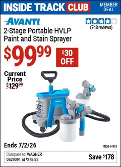 Harbor Freight ITC Coupon AVANTI 2-STAGE PORTABLE HVLP PAINT AND STAIN SPRAYER Lot No. 64933 Valid Thru: 7/2/26 - $99.99
