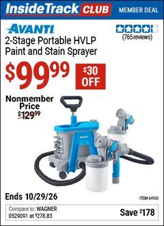 Harbor Freight ITC Coupon AVANTI 2-STAGE PORTABLE HVLP PAINT AND STAIN SPRAYER Lot No. 64933 Valid Thru: 10/29/26 - $99.99