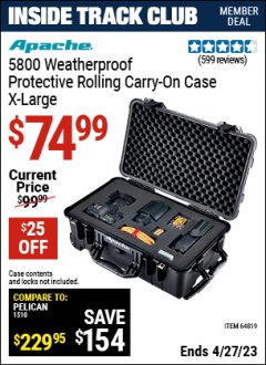 Harbor Freight ITC Coupon APACHE 5800 ROLLER CARRY ON CASE Lot No. 64819 Expired: 4/27/23 - $74.99