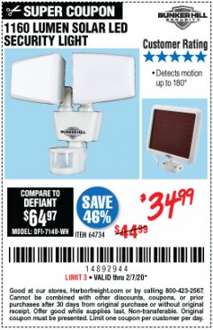 Harbor Freight Coupon 1160 LUMENS SOLAR LED SECURITY LIGHT  Lot No. 64734 Expired: 1/7/20 - $34.99