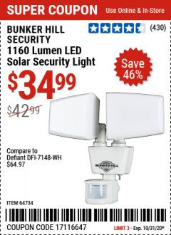 Harbor Freight Coupon 1160 LUMENS SOLAR LED SECURITY LIGHT  Lot No. 64734 Expired: 10/31/20 - $34.99