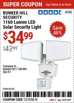Harbor Freight Coupon 1160 LUMENS SOLAR LED SECURITY LIGHT  Lot No. 64734 Expired: 10/31/20 - $34.99