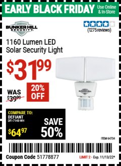 Harbor Freight Coupon 1160 LUMENS SOLAR LED SECURITY LIGHT  Lot No. 64734 Expired: 11/13/22 - $31.99