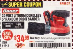 Harbor Freight Coupon 20 VOLT LITHIUM CORADLESS 5" RANDOM ORBIT SANDER Lot No. 64943 Expired: 4/30/19 - $34.99