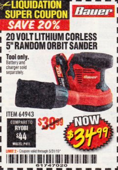 Harbor Freight Coupon 20 VOLT LITHIUM CORADLESS 5" RANDOM ORBIT SANDER Lot No. 64943 Expired: 5/31/19 - $34.99