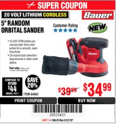 Harbor Freight Coupon 20 VOLT LITHIUM CORADLESS 5" RANDOM ORBIT SANDER Lot No. 64943 Expired: 5/12/19 - $34.99