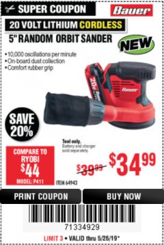 Harbor Freight Coupon 20 VOLT LITHIUM CORADLESS 5" RANDOM ORBIT SANDER Lot No. 64943 Expired: 5/26/19 - $34.99