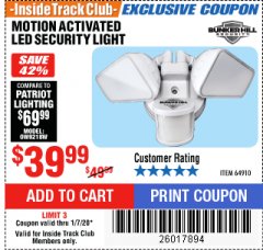 Harbor Freight Coupon 2150 LUMENS HARDWIRED LED SECURITY LIGHT Lot No. 64910 Expired: 1/7/20 - $39.99
