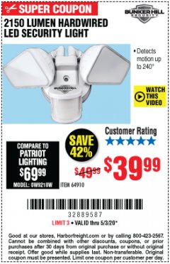 Harbor Freight Coupon 2150 LUMENS HARDWIRED LED SECURITY LIGHT Lot No. 64910 Expired: 6/30/20 - $39.99