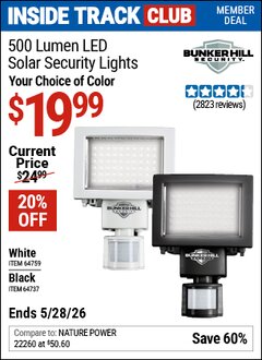 Harbor Freight ITC Coupon BUNKER HILL SECURITY 500 LUMEN LED SOLAR SECURITY LIGHT Lot No. 64737/64759 Valid Thru: 5/28/26 - $19.99