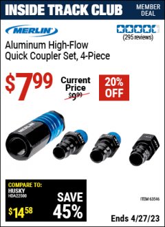 Harbor Freight ITC Coupon MERLIN 4 PIECE HIGH FLOW ALUMINIUM COUPLER CONNECTOR KIT Lot No. 63546 Expired: 4/27/23 - $7.99