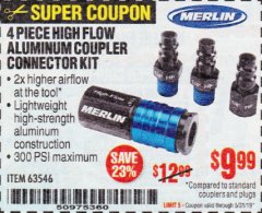 Harbor Freight Coupon MERLIN 4 PIECE HIGH FLOW ALUMINIUM COUPLER CONNECTOR KIT Lot No. 63546 Expired: 5/31/19 - $9.99