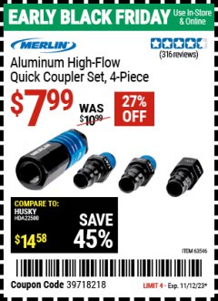 Harbor Freight Coupon MERLIN 4 PIECE HIGH FLOW ALUMINIUM COUPLER CONNECTOR KIT Lot No. 63546 Expired: 11/19/23 - $7.99