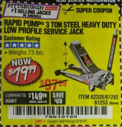 Harbor Freight Coupon RAPID PUMP 3 TON LOW PROFILE HEAVY DUTY STEEL FLOOR JACK Lot No. 64264/64266/64879/64881/61282/62326/61253 Expired: 9/18/18 - $79.99