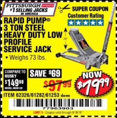 Harbor Freight Coupon RAPID PUMP 3 TON LOW PROFILE HEAVY DUTY STEEL FLOOR JACK Lot No. 64264/64266/64879/64881/61282/62326/61253 Expired: 9/18/18 - $79.99