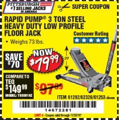 Harbor Freight Coupon RAPID PUMP 3 TON LOW PROFILE HEAVY DUTY STEEL FLOOR JACK Lot No. 64264/64266/64879/64881/61282/62326/61253 Expired: 11/30/18 - $79.99