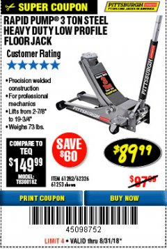 Harbor Freight Coupon RAPID PUMP 3 TON LOW PROFILE HEAVY DUTY STEEL FLOOR JACK Lot No. 64264/64266/64879/64881/61282/62326/61253 Expired: 8/31/18 - $89.99