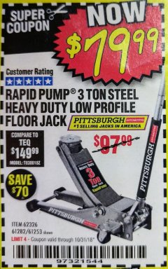 Harbor Freight Coupon RAPID PUMP 3 TON LOW PROFILE HEAVY DUTY STEEL FLOOR JACK Lot No. 64264/64266/64879/64881/61282/62326/61253 Expired: 10/31/18 - $79.99