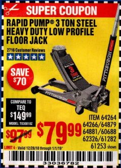 Harbor Freight Coupon RAPID PUMP 3 TON LOW PROFILE HEAVY DUTY STEEL FLOOR JACK Lot No. 64264/64266/64879/64881/61282/62326/61253 Expired: 1/1/19 - $79.99