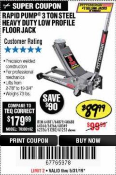 Harbor Freight Coupon RAPID PUMP 3 TON LOW PROFILE HEAVY DUTY STEEL FLOOR JACK Lot No. 64264/64266/64879/64881/61282/62326/61253 Expired: 5/31/19 - $89.99