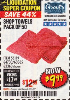 Harbor Freight Coupon MECHANICS SHOP TOWELS Lot No. 56119/64730/63365/63360 Expired: 5/31/19 - $9.99