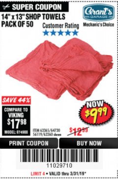 Harbor Freight Coupon MECHANICS SHOP TOWELS Lot No. 56119/64730/63365/63360 Expired: 3/31/19 - $9.99