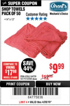 Harbor Freight Coupon MECHANICS SHOP TOWELS Lot No. 56119/64730/63365/63360 Expired: 4/28/19 - $9.99