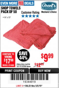 Harbor Freight Coupon MECHANICS SHOP TOWELS Lot No. 56119/64730/63365/63360 Expired: 5/5/19 - $9.99