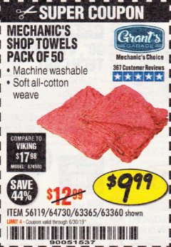 Harbor Freight Coupon MECHANICS SHOP TOWELS Lot No. 56119/64730/63365/63360 Expired: 6/30/19 - $9.99