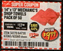 Harbor Freight Coupon MECHANICS SHOP TOWELS Lot No. 56119/64730/63365/63360 Expired: 7/31/19 - $9.99