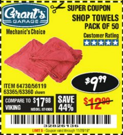 Harbor Freight Coupon MECHANICS SHOP TOWELS Lot No. 56119/64730/63365/63360 Expired: 11/26/19 - $9.99