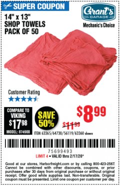 Harbor Freight Coupon MECHANICS SHOP TOWELS Lot No. 56119/64730/63365/63360 Expired: 2/17/20 - $8.99