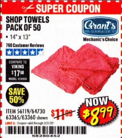 Harbor Freight Coupon MECHANICS SHOP TOWELS Lot No. 56119/64730/63365/63360 Expired: 3/31/20 - $8.99