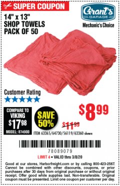 Harbor Freight Coupon MECHANICS SHOP TOWELS Lot No. 56119/64730/63365/63360 Expired: 3/8/20 - $8.99