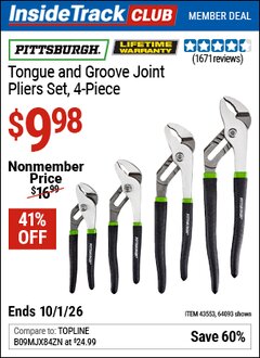 Harbor Freight Coupon PITTSBURGH TONGUE AND GROOVE JOINT PLIERS SET, 4-PIECE Lot No. 64093 Valid: 12/31/69 - 10/1/26 - $9.98