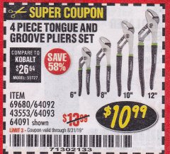 Harbor Freight Coupon PITTSBURGH TONGUE AND GROOVE JOINT PLIERS SET, 4-PIECE Lot No. 64093 Expired: 8/31/19 - $10.99