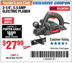 Harbor Freight ITC Coupon 3-1/4" ELECTRIC PLANER Lot No. 61691/91062 Expired: 4/2/19 - $27.99