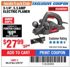 Harbor Freight ITC Coupon 3-1/4" ELECTRIC PLANER Lot No. 61691/91062 Expired: 5/28/19 - $27.99