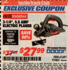 Harbor Freight ITC Coupon 3-1/4" ELECTRIC PLANER Lot No. 61691/91062 Expired: 7/31/19 - $27.99