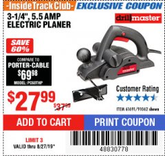Harbor Freight ITC Coupon 3-1/4" ELECTRIC PLANER Lot No. 61691/91062 Expired: 8/27/19 - $27.99