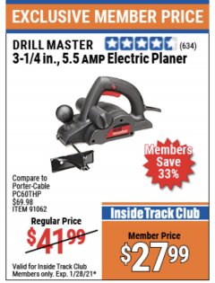 Harbor Freight ITC Coupon 3-1/4" ELECTRIC PLANER Lot No. 61691/91062 Expired: 1/28/21 - $27.99