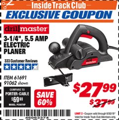 Harbor Freight ITC Coupon 3-1/4" ELECTRIC PLANER Lot No. 61691/91062 Expired: 9/30/19 - $27.99