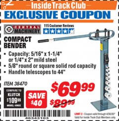 Harbor Freight ITC Coupon COMPACT BENDER Lot No. 38470 Expired: 4/30/20 - $69.99