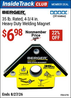 Harbor Freight ITC Coupon BERGER 35 LB. RATED, 4-3/4 IN. HEAVY DUTY WELDING MAGNET Lot No. 63798 Valid Thru: 8/27/26 - $6.98