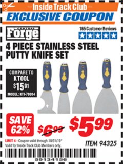 Harbor Freight ITC Coupon 4 PIECE STAINLESS STEEL PUTTY KNIFE SET Lot No. 94325 Expired: 10/31/19 - $5.99