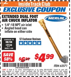 Harbor Freight ITC Coupon MERLIN EXTENDED DUAL FOOT AIR CHUCK INFLATOR Lot No. 63571 Expired: 8/31/19 - $4.99